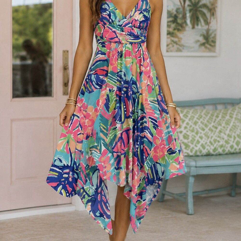 Lilly Pulitzer Sloan Midi Dress Sleeveless Tropical Floral Blue/Pink Small